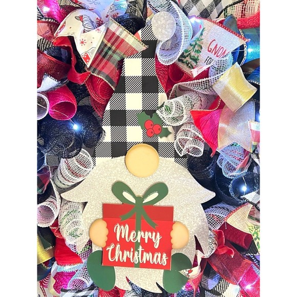Handmade Merry Christmas Gnome Holiday Ribbon Door Wreath 22 ins W44 - Picture 4 of 12
